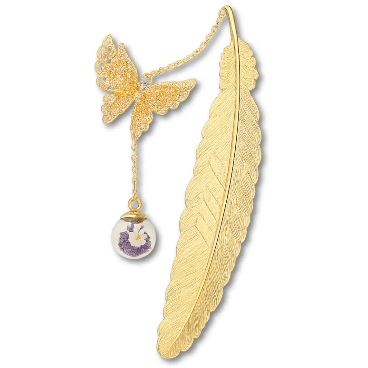Marcador de Página Pena Borboleta Premium Feminino — Metal Dourado, Presente Elegante para Leitoras, Professores, Estudantes e Amantes de Livros com Pingente 3D