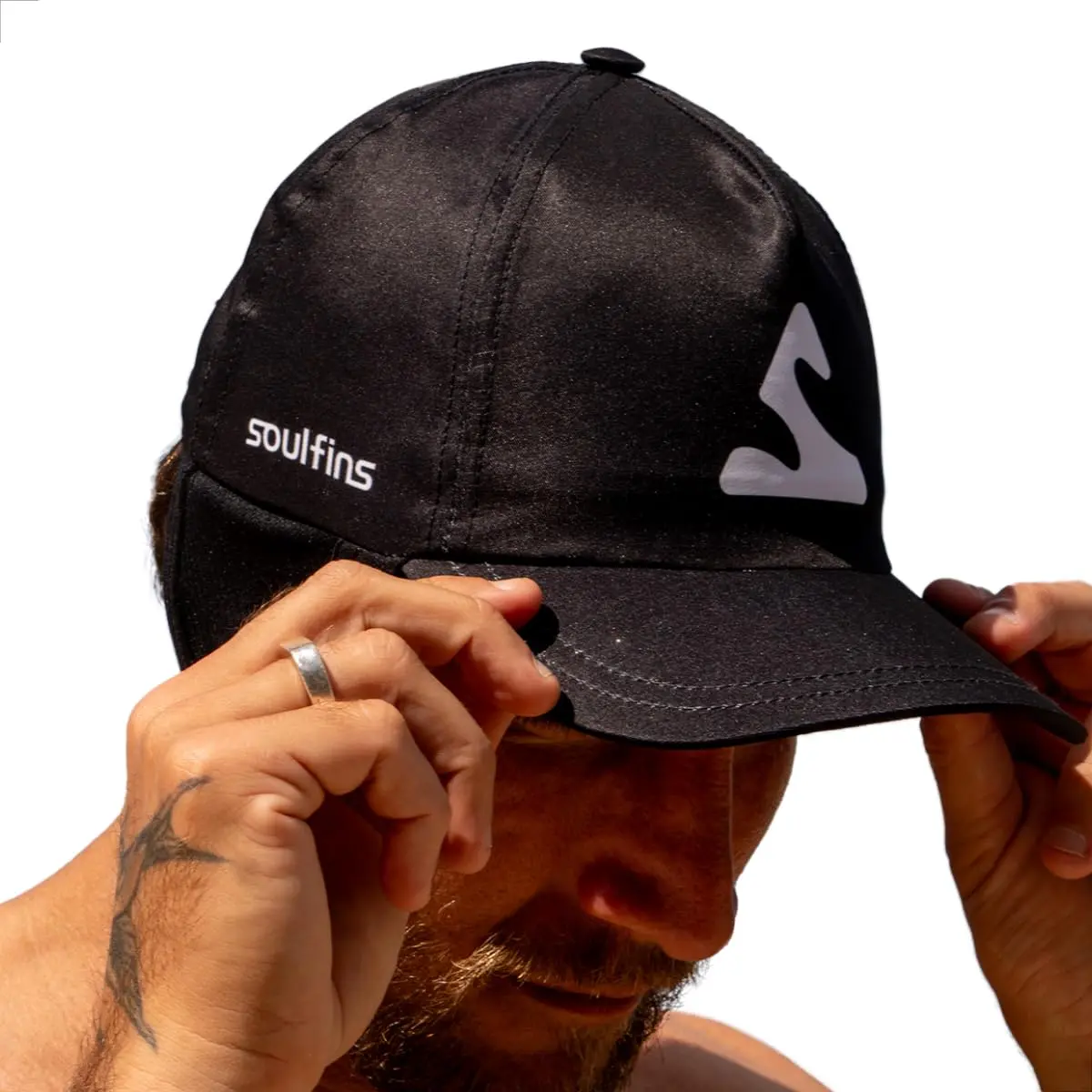 Boné Soulfins para Surf Esportes Aquáticos Corrida Trilha Trekking Trail Running Pesca Esportiva UV50+ Secagem Rápida Ajustável Preto