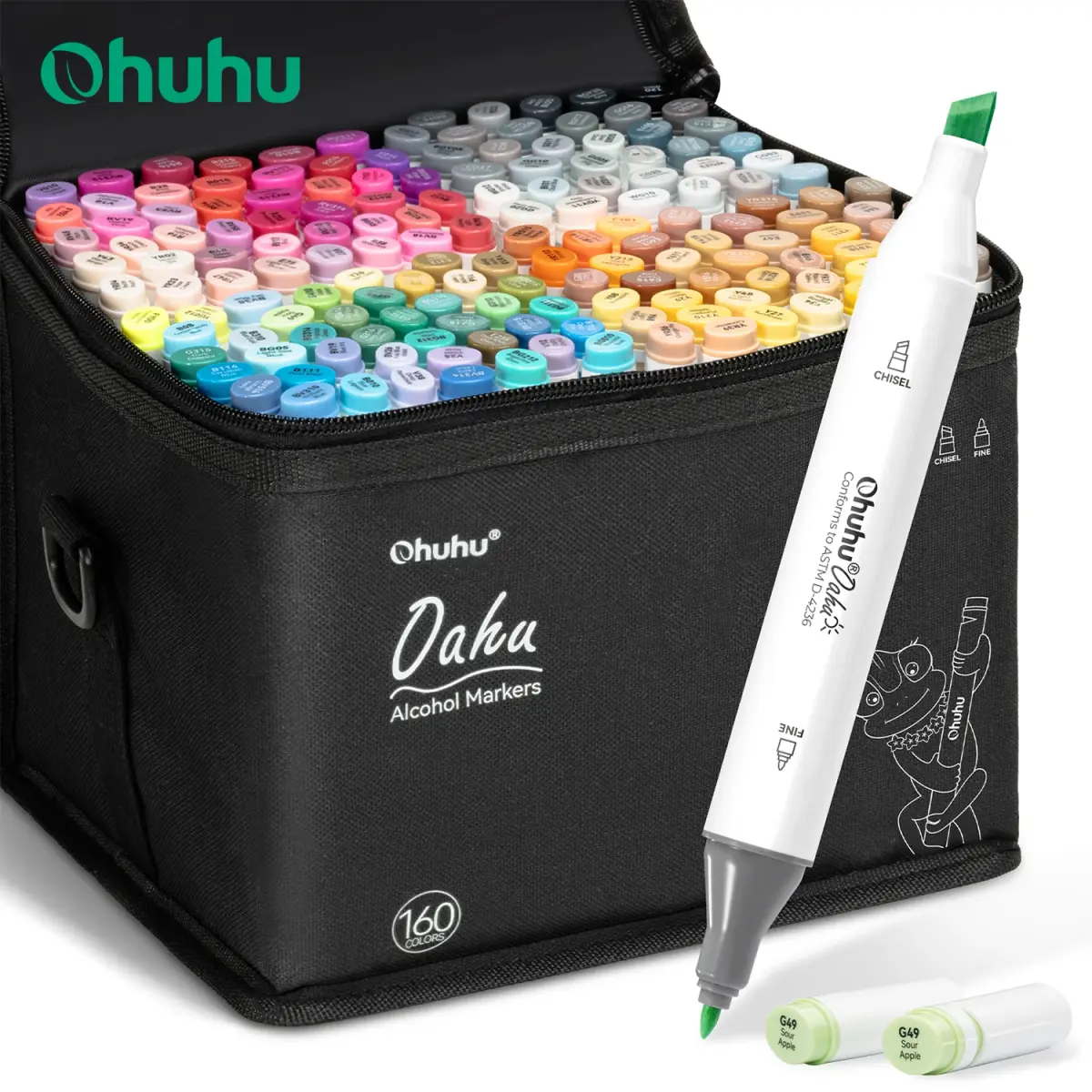 Ohuhu Oahu Conjunto de canetas marcadoras de 160 cores, marcadores de arte com álcool, pontas duplas, caneta de feltro, esboço, desenho, graffiti, mangá, material escolar de arte - 1
