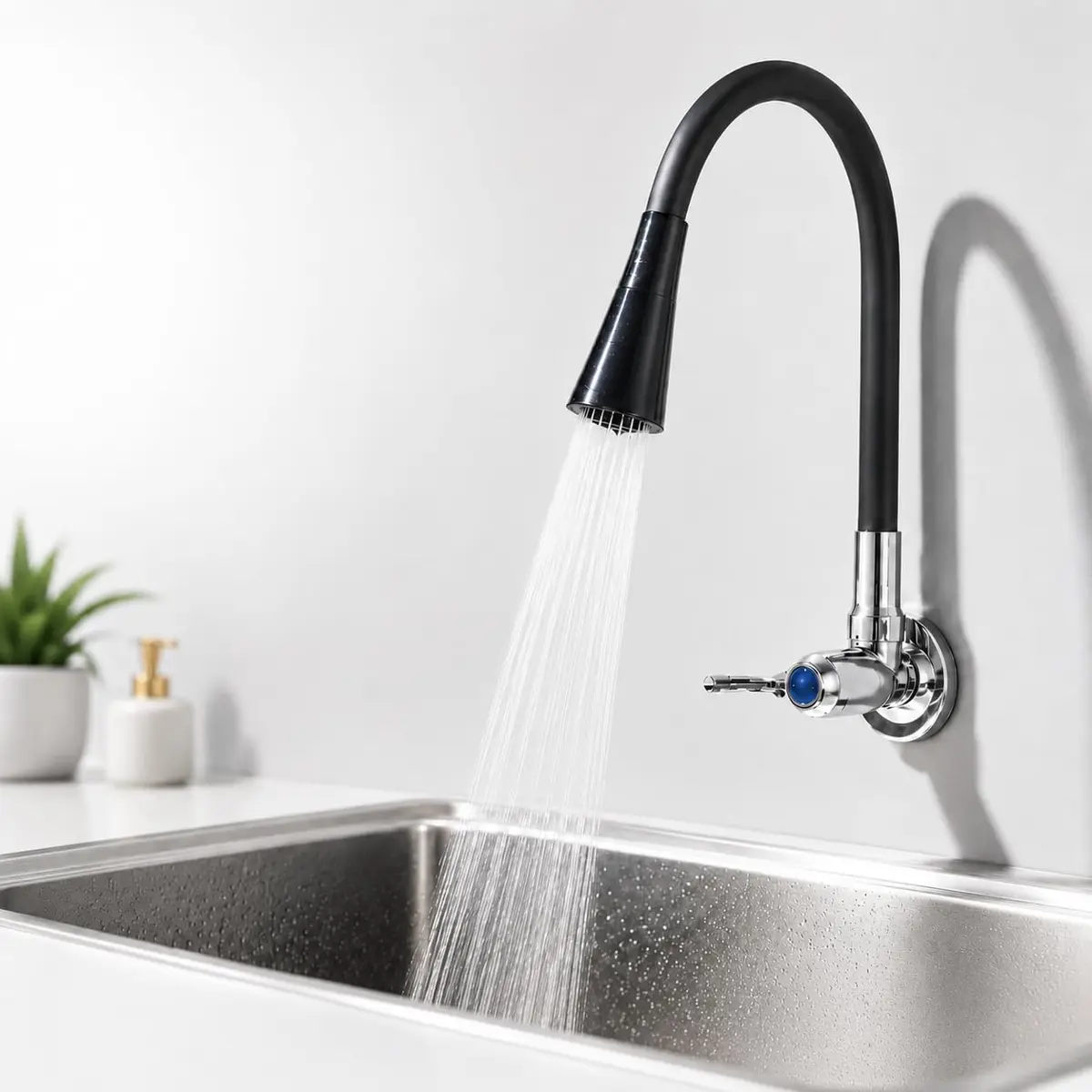 Torneira Gourmet de Parede, 2 Jatos, Flexivel, Base Metálica, Comando 1/4 de Volta e Rosca de 3/4, Preta MZcell