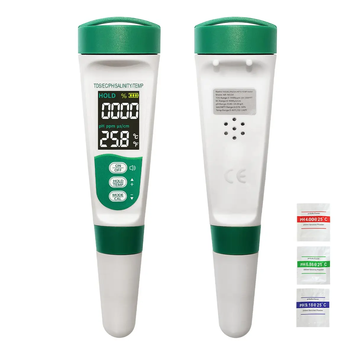 Medidor pH Digital em Formato de Caneta,Precisão de Leitura de ±2%,5 em 1 de pH/TDS/EC/Temperatura/Salinidade,à Prova d'Água e Recarregável medir phpara piscina Água Potável Aquários e Hidroponia