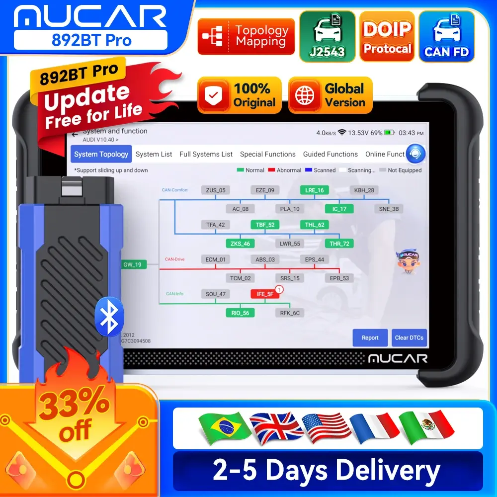 MUCAR 892BT Pro Scanner OBD2 com mapeamento topológico, assistente de IA, diagnóstico completo do sistema, 35 resets de ECU, codificação bidirecional com J2534/CAN FD/DoIP e atualizações gratuitas vitalícias. - 1