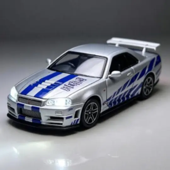 Nissan Skyline GT-R R34 Brian Miniatura 14,5cm Metal Som Luz Abre Portas Capô e Porta-Malas Die Cast Premium - 1