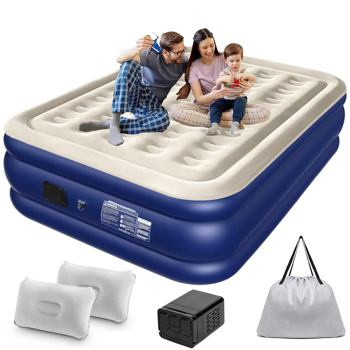 Trailabo Colchão Inflável Queen Size 205 * 155CM com Bomba de ar Elétrica Recarregável Embutida, Inflação e Deflação Rápidas e Automáticas, para Viagens e Acampamentos (Azul e Branco)