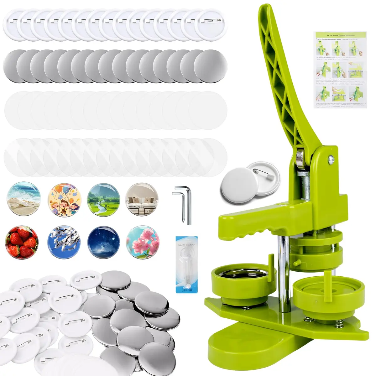 Máquina de Fazer Bottons 58 mm (2,25 pol.), Kit para Produção de Bottons com 100 Conjuntos, Cortador Circular e Chave Hexagonal, para DIY, Artesanato, Atividades Escolares e Lazer em Família 2.28"