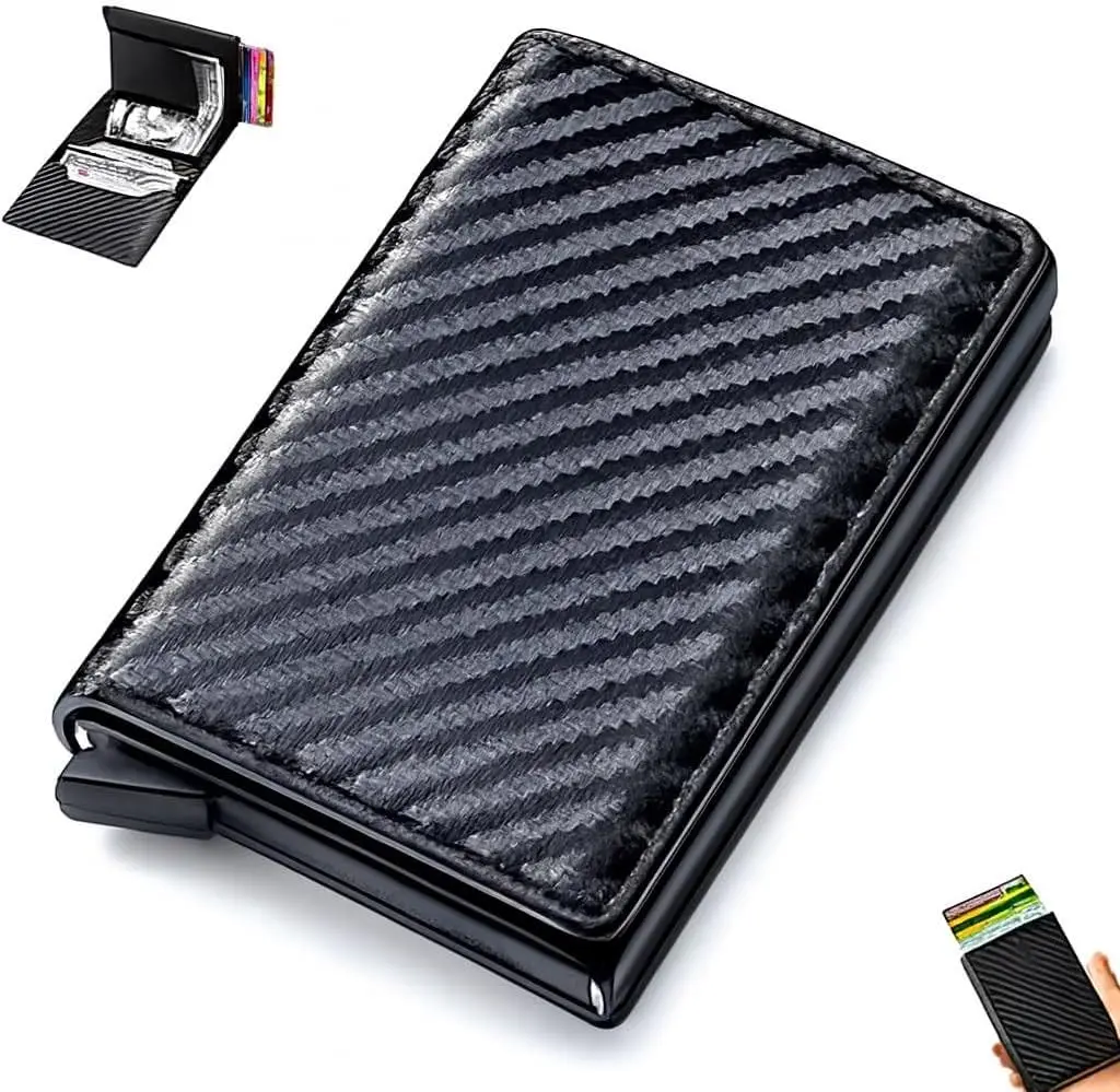 Carteira Slim RFID Couro Sintético Preto | Contra Golpe Por Aproximação, Proteção Bloqueio Antifurto, Porta Cartões, Ejeção Automática