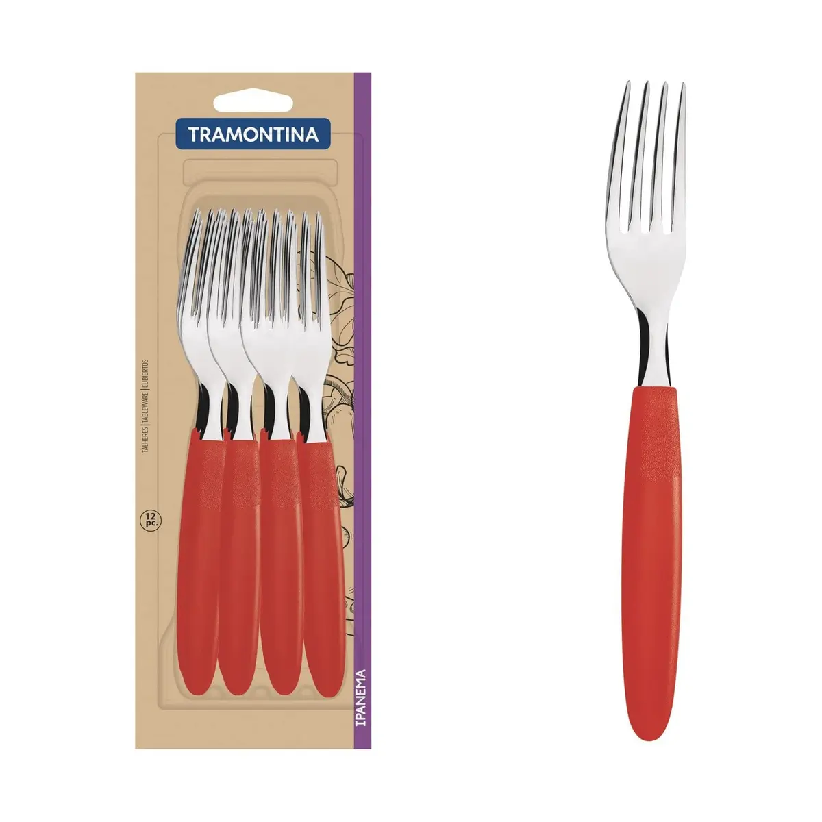 Conjunto de Garfos de Mesa Tramontina Ipanema com Lâminas em Aço inox e Cabos de Polipropileno Vermelho 12 Peças