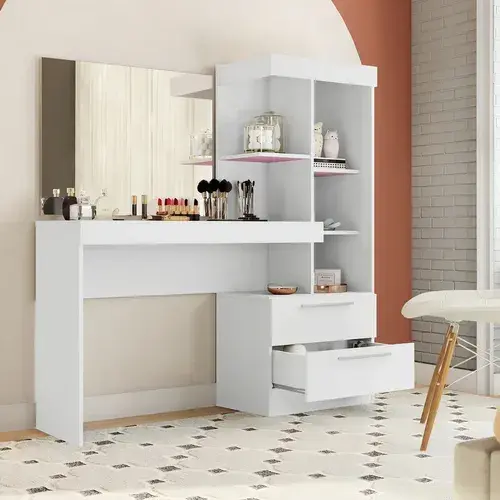 Escrivaninha Penteadeira Branco/Rosa Com Espelho MDP Notável Móveis - R$ 379,9