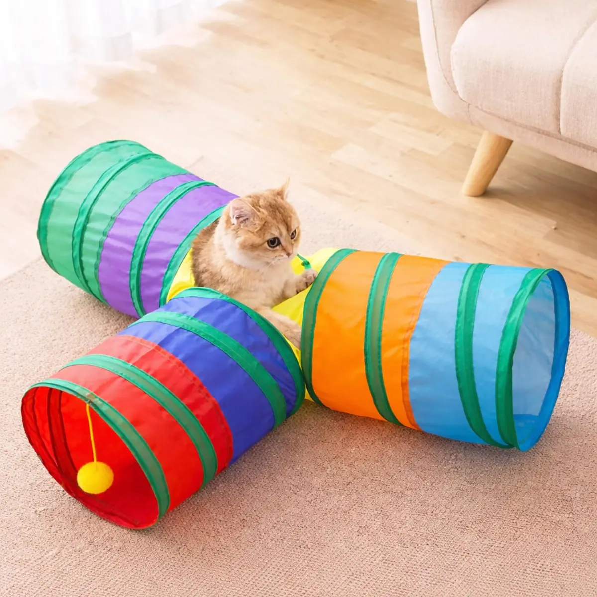 Brinquedo Interativo para Gatos Pets Túnel com Bolinha – Portátil Dobrável com 3 Saídas em T para Estímulo, Diversão, Exercício e Aventura