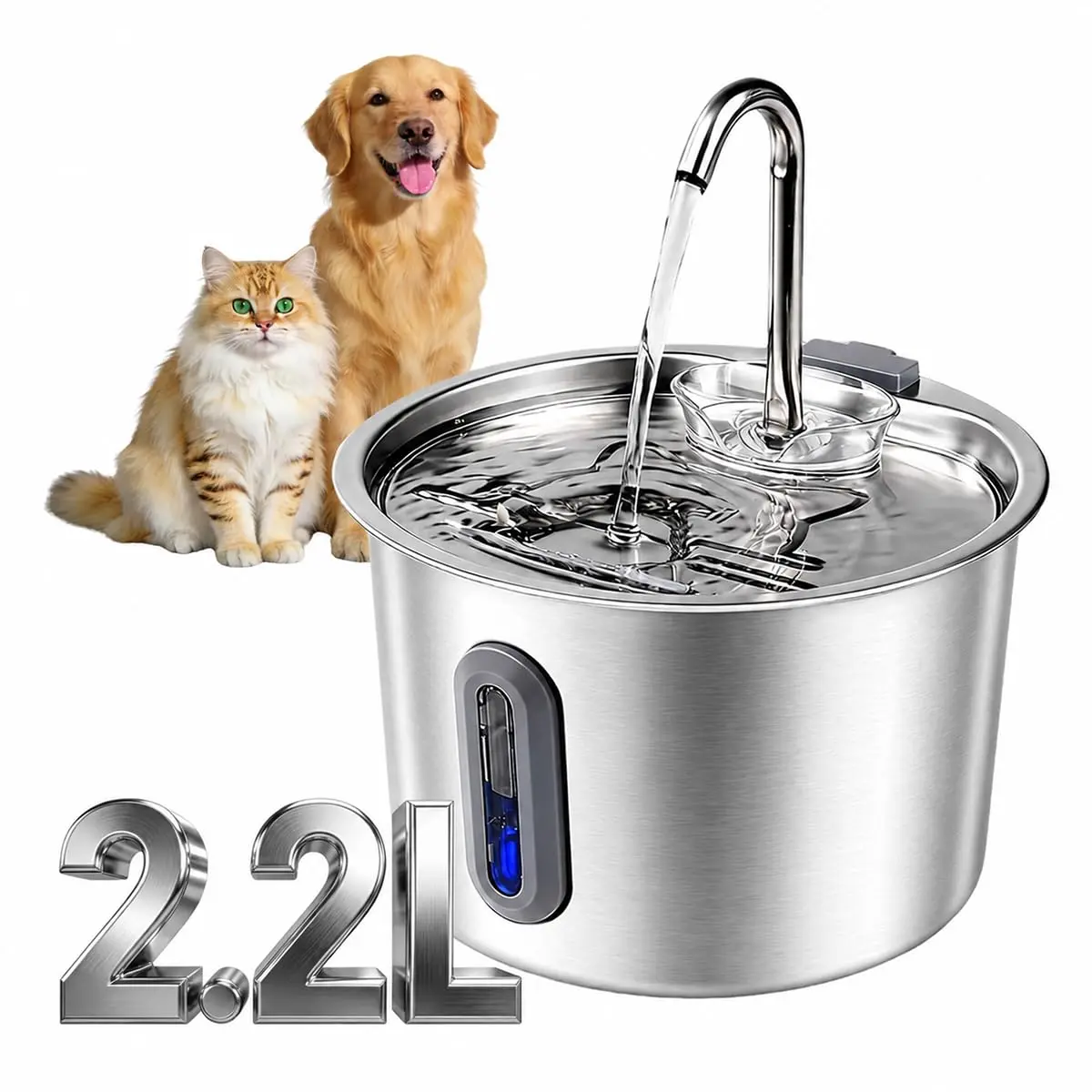 Wadukud Fonte de Água pra Gato, Bebedouro para Gatos Silenciosa Inox Carvão Ativado LED Indicador Fonte De Água para Cães e Gatos (2,2L, TY10)
