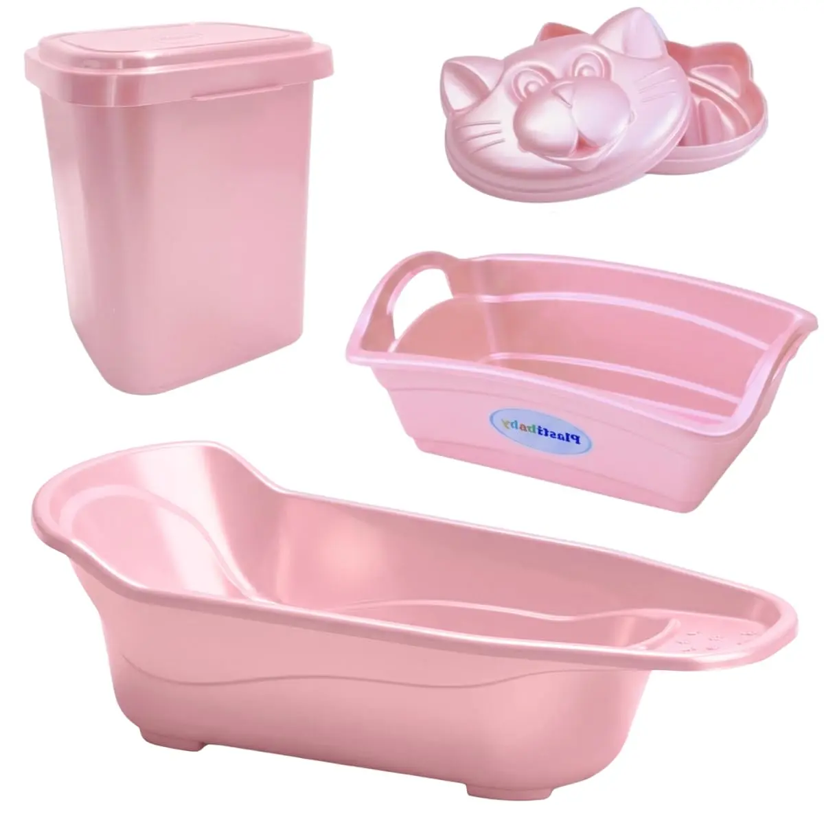 Kit Banheira Plastibaby 4 Peças com Organizador (Rosa Perolado)