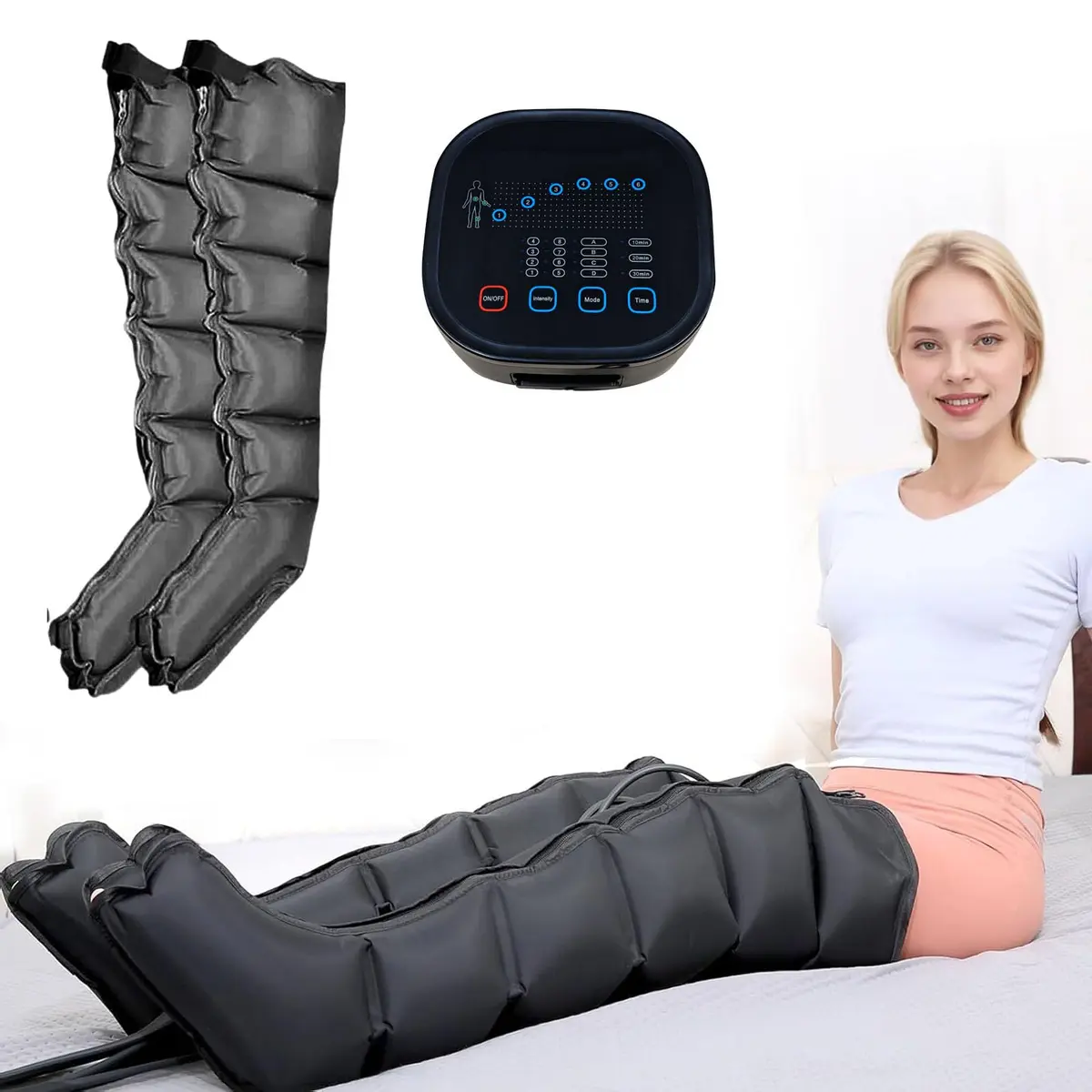 Massageador de Perna, Relaxe os Meridianos,Melhore a Circulação Sanguínea e alívio da dor,8 níveis de intensidade de Bota de Massagem por Compressão Pneumática Completa, 6 Padrões 110/220v para Inchaço, Plugue da UE