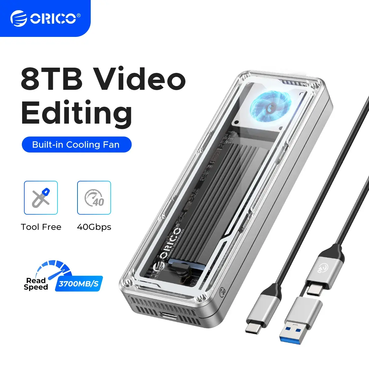 ORICO 40Gbps USB4 M.2 SSD Gabinete 8TB com Ventilador de Refrigeração PCIe4.0 NVME Gabinete de Alumínio Compatível Thunderbolt 3/4 para Mac