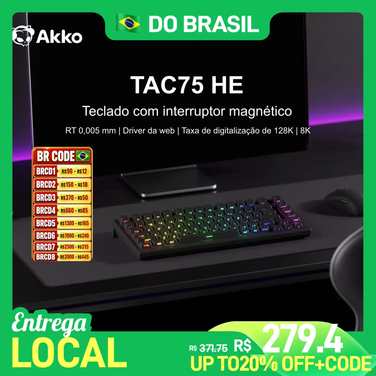 Teclado Gamer Akko TAC75 HE com Switches Magnéticos, 75%, Rapid Trigger 0.005mm, 8K RGB, com Fio, Personalizável para Esports