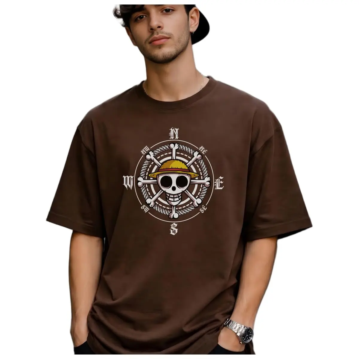 Camiseta Oversized Masculina One Piece Luffy Caveira Bússola 100% Algodão Anime IB SHOP