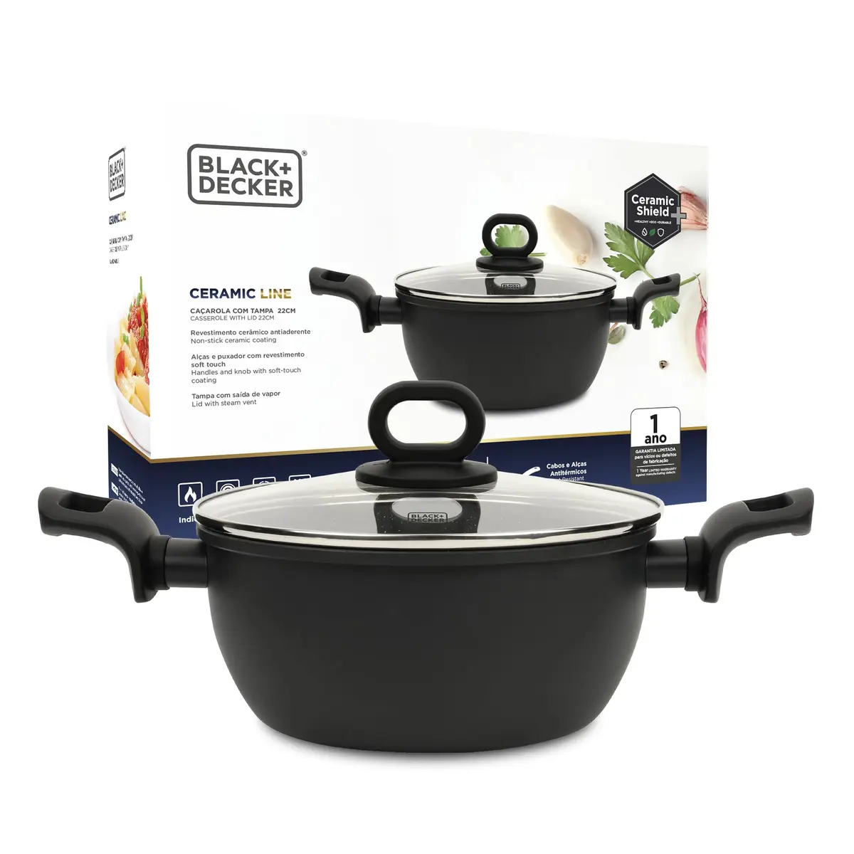 BLACK+DECKER CAÇAROLA 22 CM 3,4 LITROS CERAMIC LINE - CORPO COM REVESTIMENTO CERÂMICO COM EXTERIOR NA COR PRETA, BASE COMPATÍVEL COM INDUÇÃO - BLACK