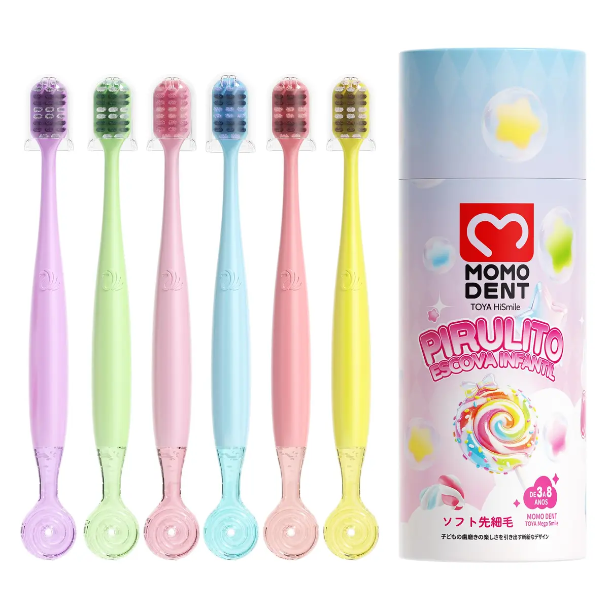 MOMODENT Escova de Dente Infantil Para Crianças de 3 a 8 Anos | Design Criativo em Formato de Pirulito, Cerdas Ultra Macias com Capa Protetora, 6 Cores Divertidas, Cabo Fácil de Segurar