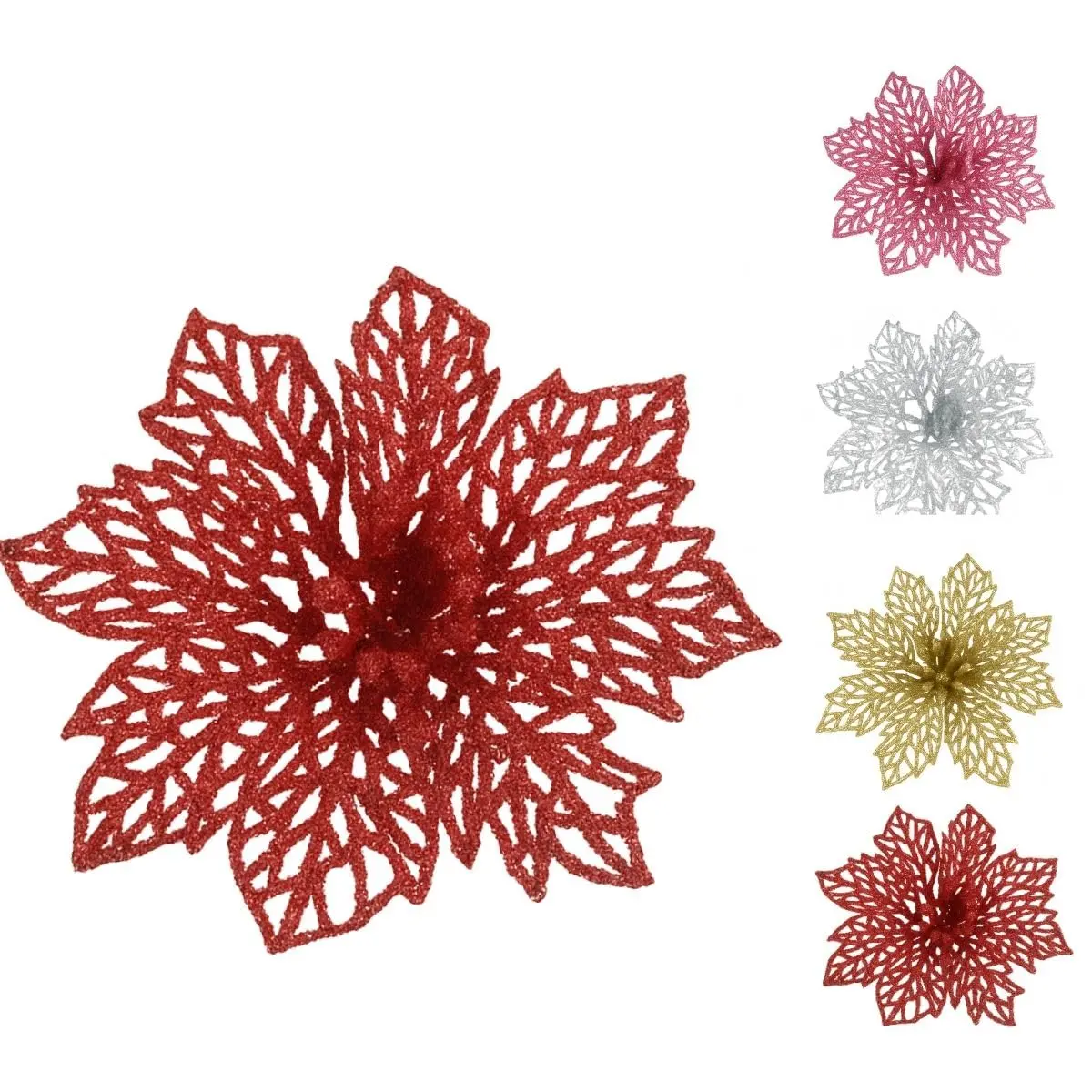 Kit C/ 6 Flores Vermelho Enfeite Árvore De Natal Decoração Natalina Luxo