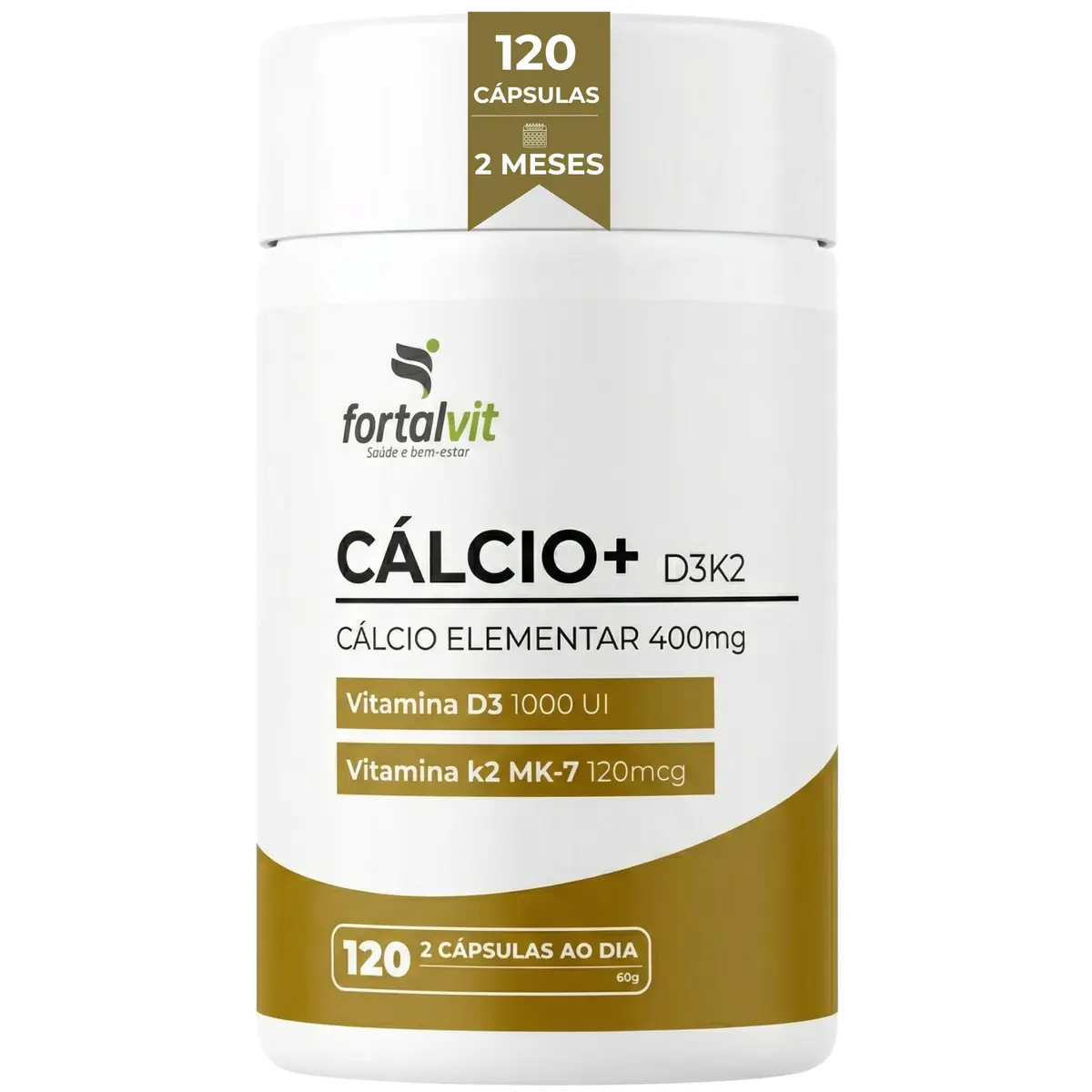 CÁLCIO + D3 K2 MK7-120 Cápsulas, Longa duração: 2 Meses de Uso - Cálcio Elementar (400mg) Vitamina D3, Vitamina K2-MK7, Fortalvit - 1