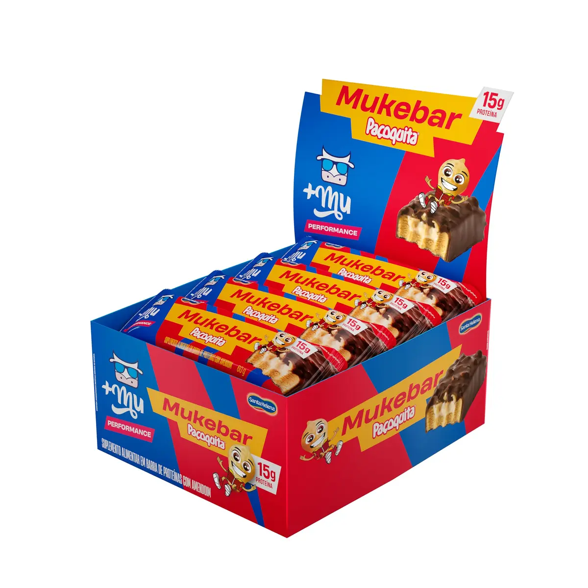 Barra de Proteína +Mu Mukebar 15g de Proteína - Paçoquita 60g | Caixa com 12 Unidades, Zero Açúcar, Com Paçoquita de Verdade