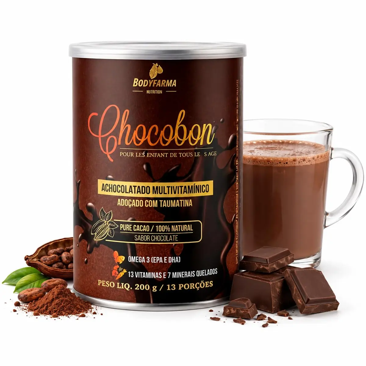 Chocobon Achocolatado em Pó sem Açúcar 200g, 50% Cacau, Ômega 3 DHA | 13 Vitaminas e 7 Minerais, Zero Glúten e Lactose, para Toda a Família