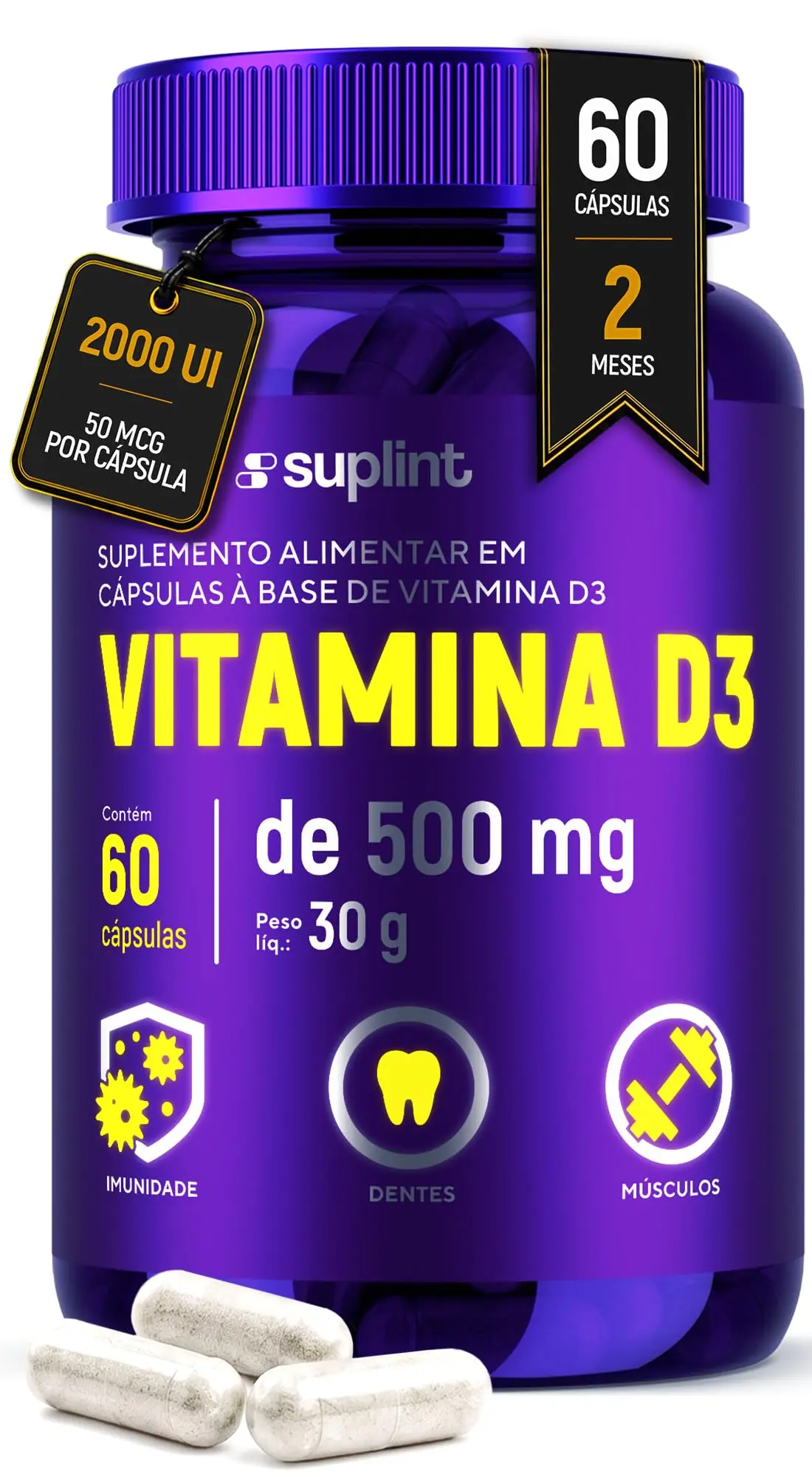 Vitamina D3 2000 UI – Suplemento Vitamínico em Cápsulas Veganas | Sem Glúten e Não Transgênico – 60 Cápsulas