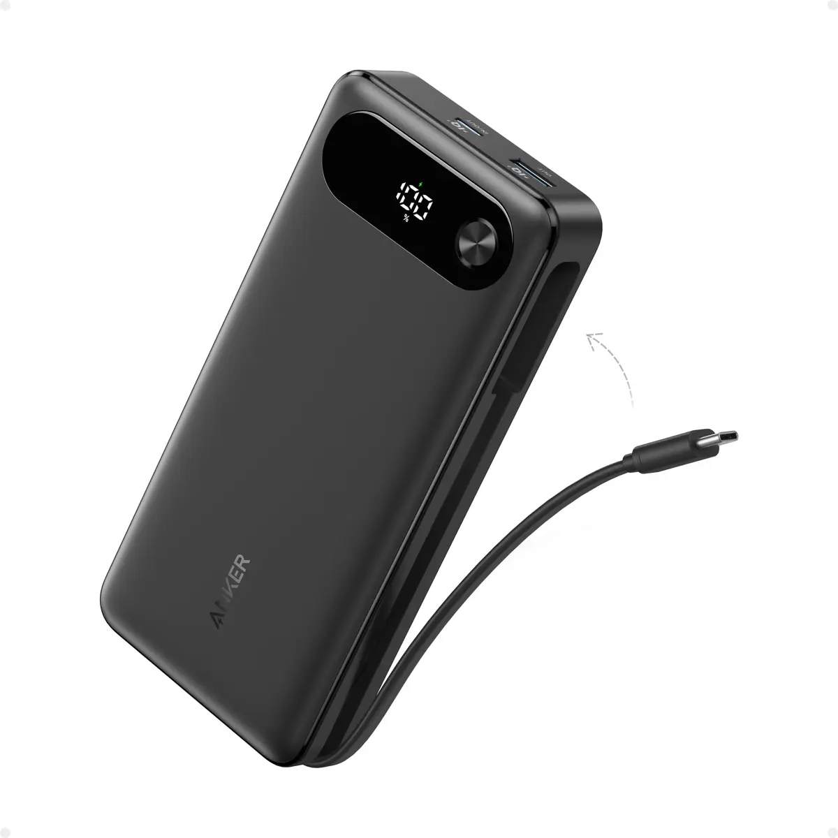 Anker Power Bank, 20.000mAh Carregador Portátil para Notebook, 3-Portas 87W | Cabo USB-C integrado, Carregamento Rápido, para MacBook, iPhone 18/17/16/15, Samsung, Xiaomi, Motorola, Switch, iPad