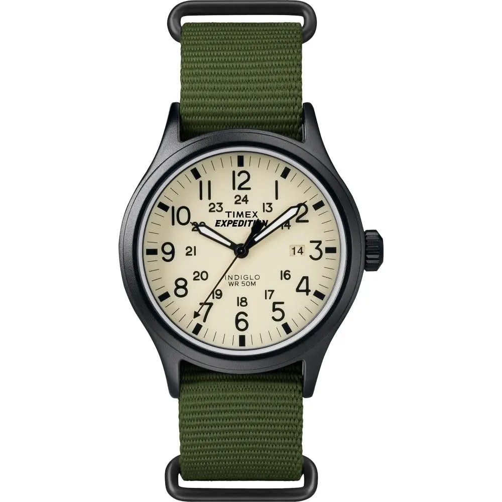 Timex Relógio masculino Expedition Scout de 40 mm – caixa preta e mostrador com pulseira deslizante de couro oliva