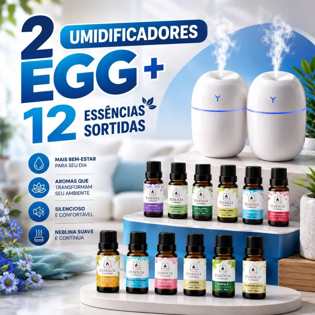 Kit de Umidificador Aromatizador com Essências Hidrossolúvel | Modelo EGG | Aromatizantes 20ml - 1