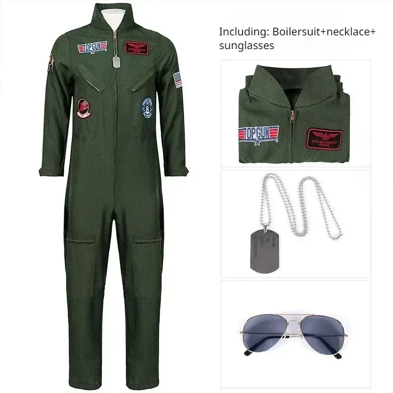 Uniforme da força aérea americana bodysuit crianças adultos halloween top gun cosplay traje exército verde militar piloto macacão com óculos - 1