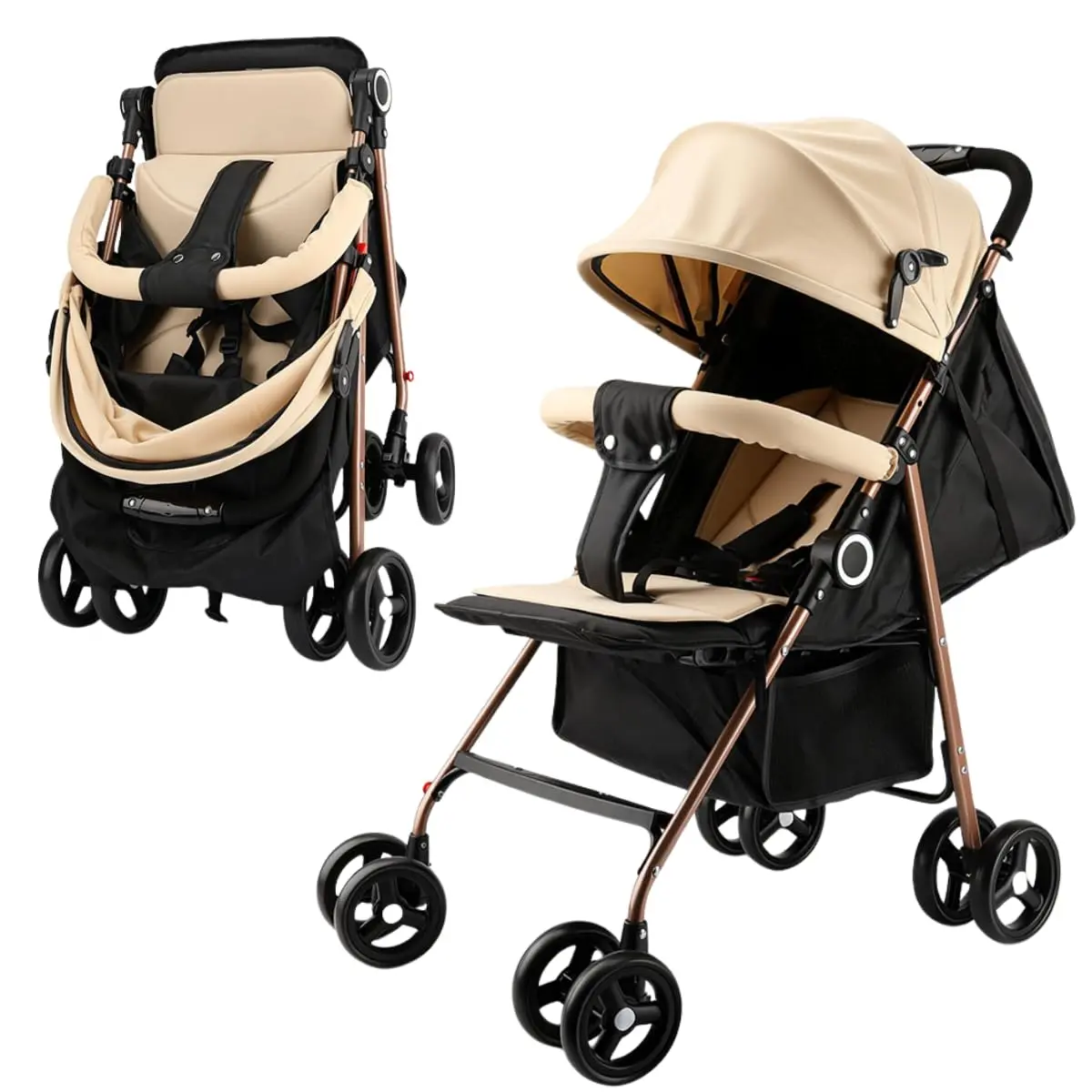 Carrinho de Bebê Kidino Elite Gold Bege Reclinável 3 Posições Compacto Leve com Alça até 15kg