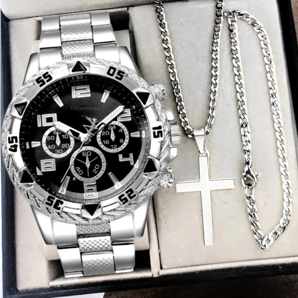 Kit Relógio Masculino Aço Inox Resistente a Água Com Corrente Cruz e Pulseira Presente Dia Dos Pais - 1