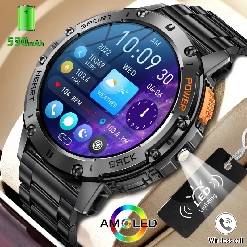 Para android ios novo amoled relógio inteligente masculino com lanterna esportes à prova dwaterproof água rastreador de fitness bluetooth chamada smartwatch homem + caixa - 1