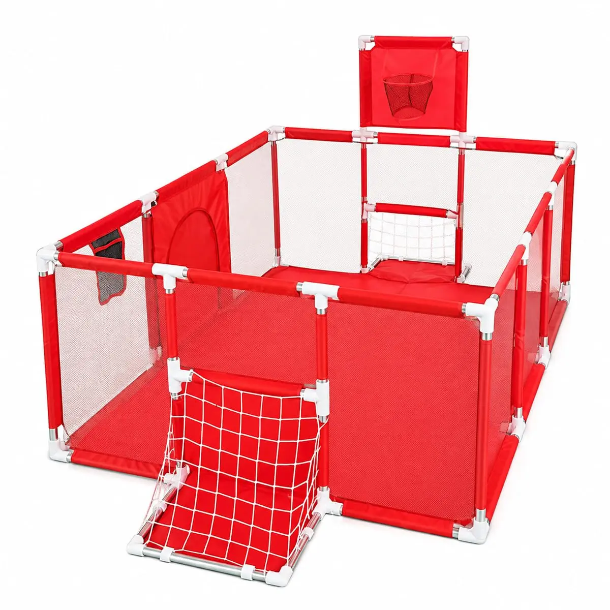 120x180x65cm Cercadinho com Cesta de Basquete e Futebol, Cercadinho de Segurança Resistente com Bolso de Armazenamento, Tecido de Poliéster Respirável, Portátil para Interiores e Exteriores