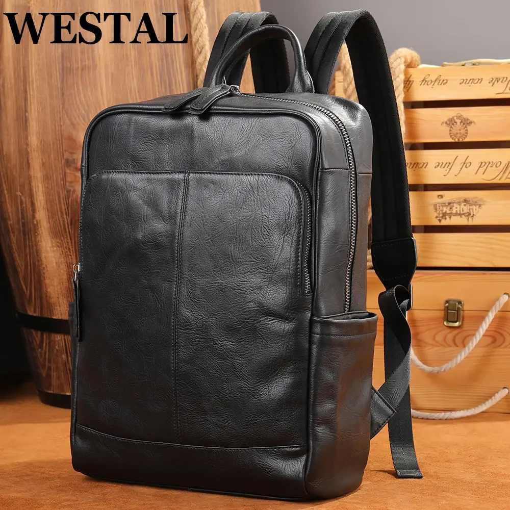 Mochila para laptop de couro genuíno WESTAL, bolsa para computador masculina, 14 polegadas, executiva, para notebook, grande capacidade, bolsa escolar para meninos - 1