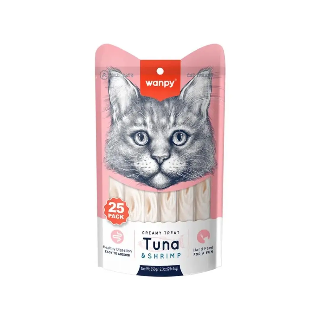 Petisco para gatos Wanpy Creamy Sabor Atum e Camarão Pacote com 25 tubos de 14g - 350g - 1