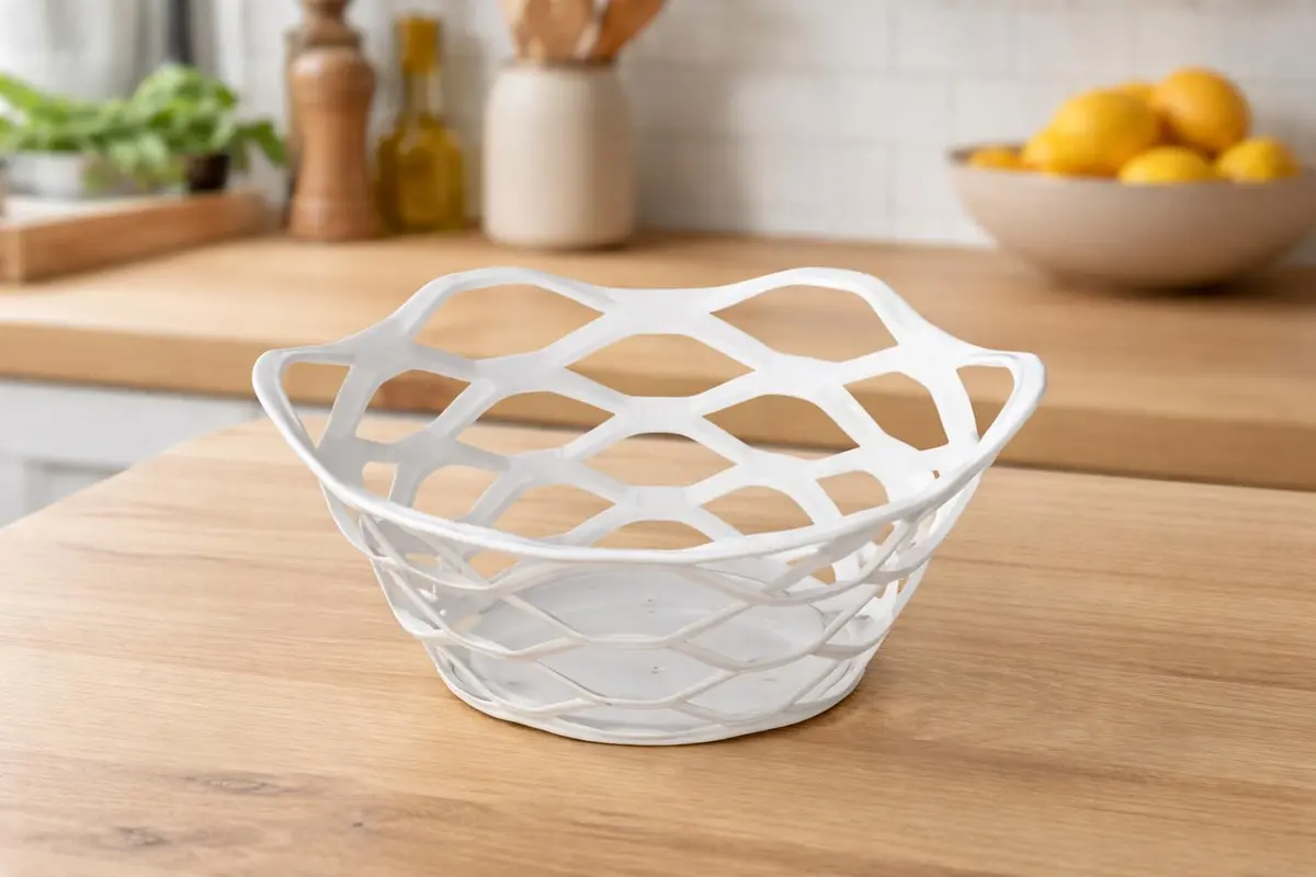 Kit 3 Cesta Fruteira Porta Ovos Decorativo de Plastico Vazado Resistente Branco Moderno para Frutas Ovos Pães 3 Unidades