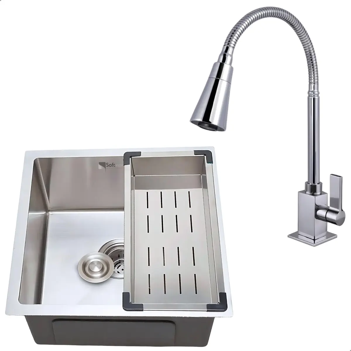 Cuba Cozinha 44x44 Pia Quadrada Square Gourmet Inox 304 Escovado Embutir ou Sobrepor SOFTINOX com Torneira Goumet Cromada Inox Bancada 2 Jatos Flexível — Kit Cuba Cozinha Completa com Acessórios - 1