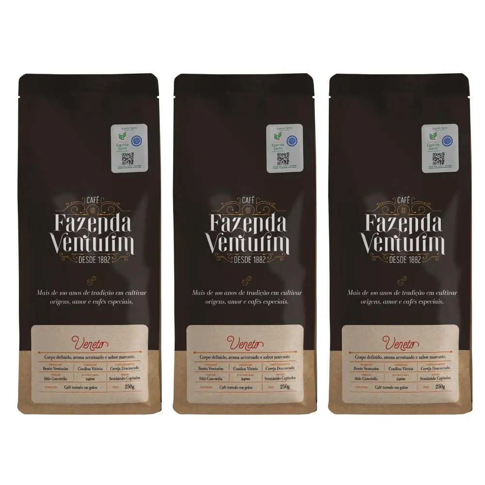 Café Gourmet Especial Torrado Em Grãos Linha Veneto - 250g Com Sabor e Aroma Intenso - Fazenda Venturim (Kit 3, Chocolate, Caramelo e Avelã)