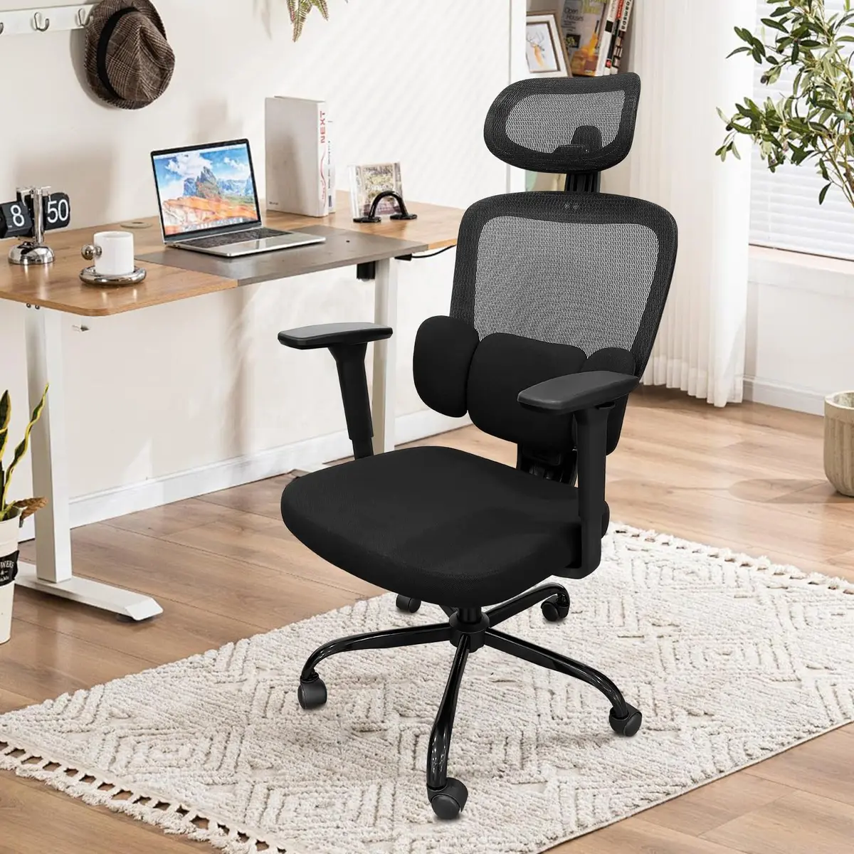 Cadeira de Escritório Ergonômica para Home Office com Certificação NR-17, Apoio Lombar Ajustável em 3 Seções, Braços 3D, Assento Confortável e Encosto em Tela Respirável (Preto)