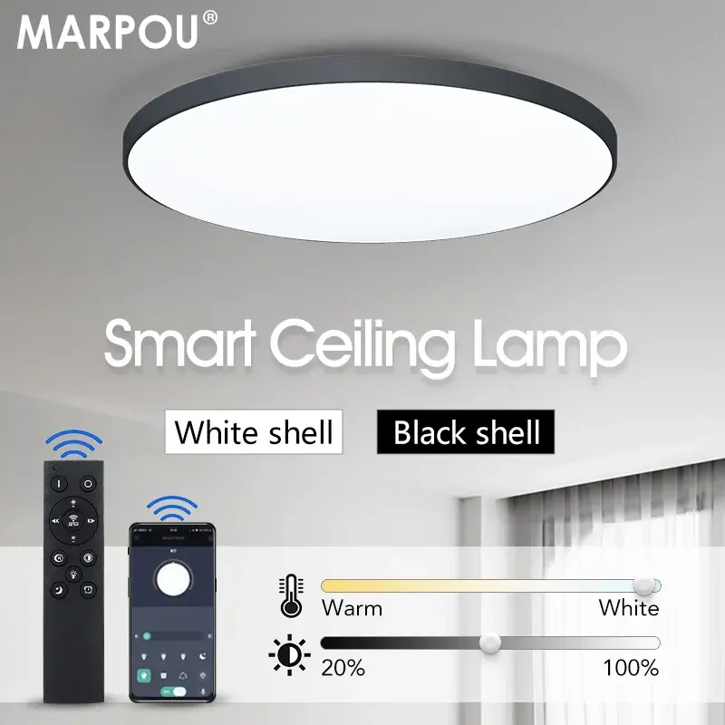 Luminária de Teto Inteligente MARPOU, Lâmpada LED para Quarto, Grandes Luminárias de Teto com Controle Remoto, Luzes LED Reguláveis para o Ambiente