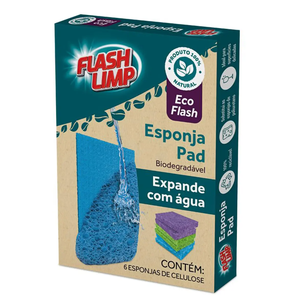 ESPONJA PAD, BIODEGRADAVÉL, EXPANDE COM AGUA 6 PC - 1