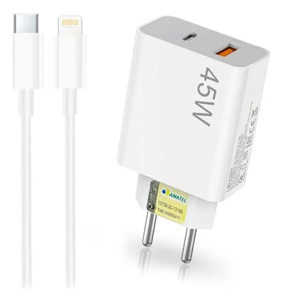 Carregador 45W Duplo Anatel Compatível com iPhone 11 12 13 14 Com Cabo - 1