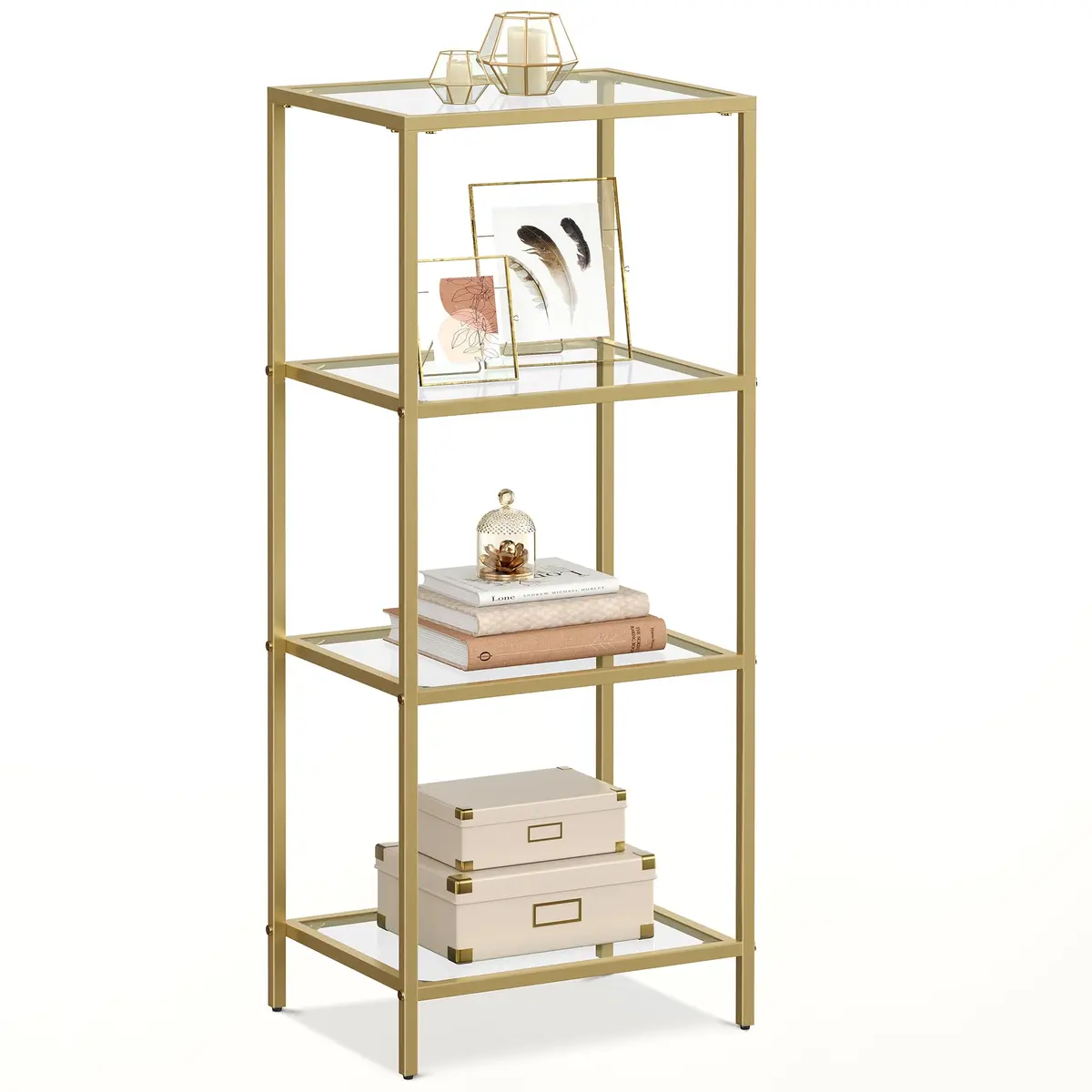 VASAGLE Estante de 4 Níveis de Vidro, Prateleira para Livros, Organizador, Vidro Temperado, Montagem Fácil, para Banheiro, Sala de Estar, Quarto, Escritório, Dourado Metálico BRLGT28G