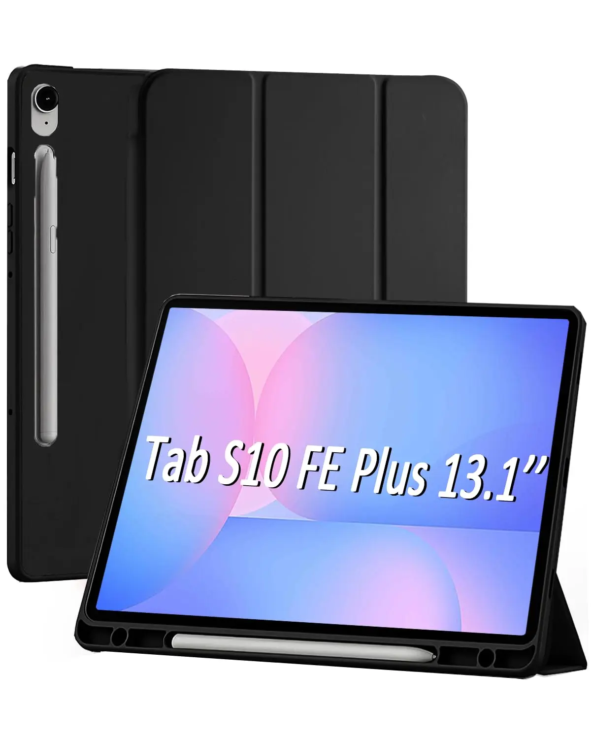 Capa Tablet para Samsung Galaxy Tab S10 FE+ Plus 13.1 Polegadas Case com Compartimento para Caneta Stylus Três Dobras Capinha Traseira em TPU Macio Função de Ativação/Suspensão Automática - Preto