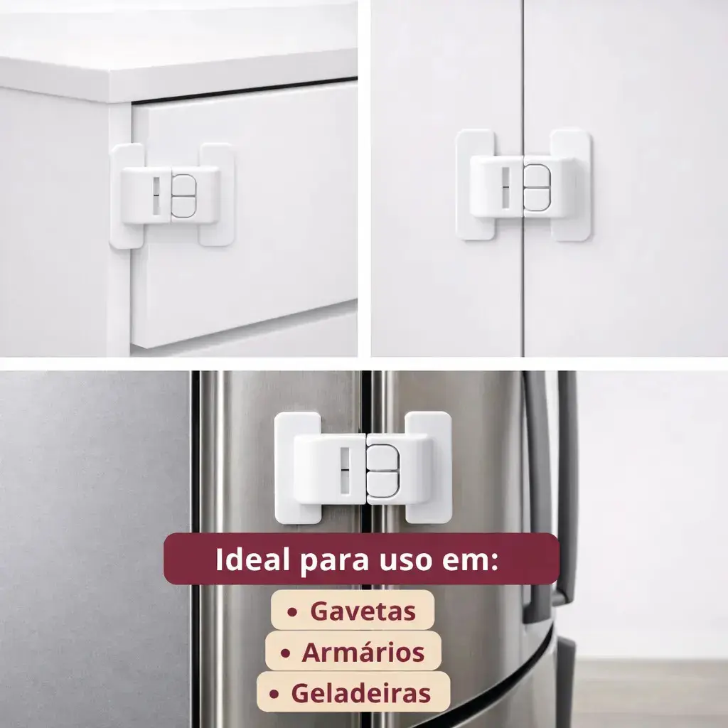 Kit 4 Travas de Segurança Para Geladeira e Gaveta Adesiva Infantil Branca PazPort thumbnail 4