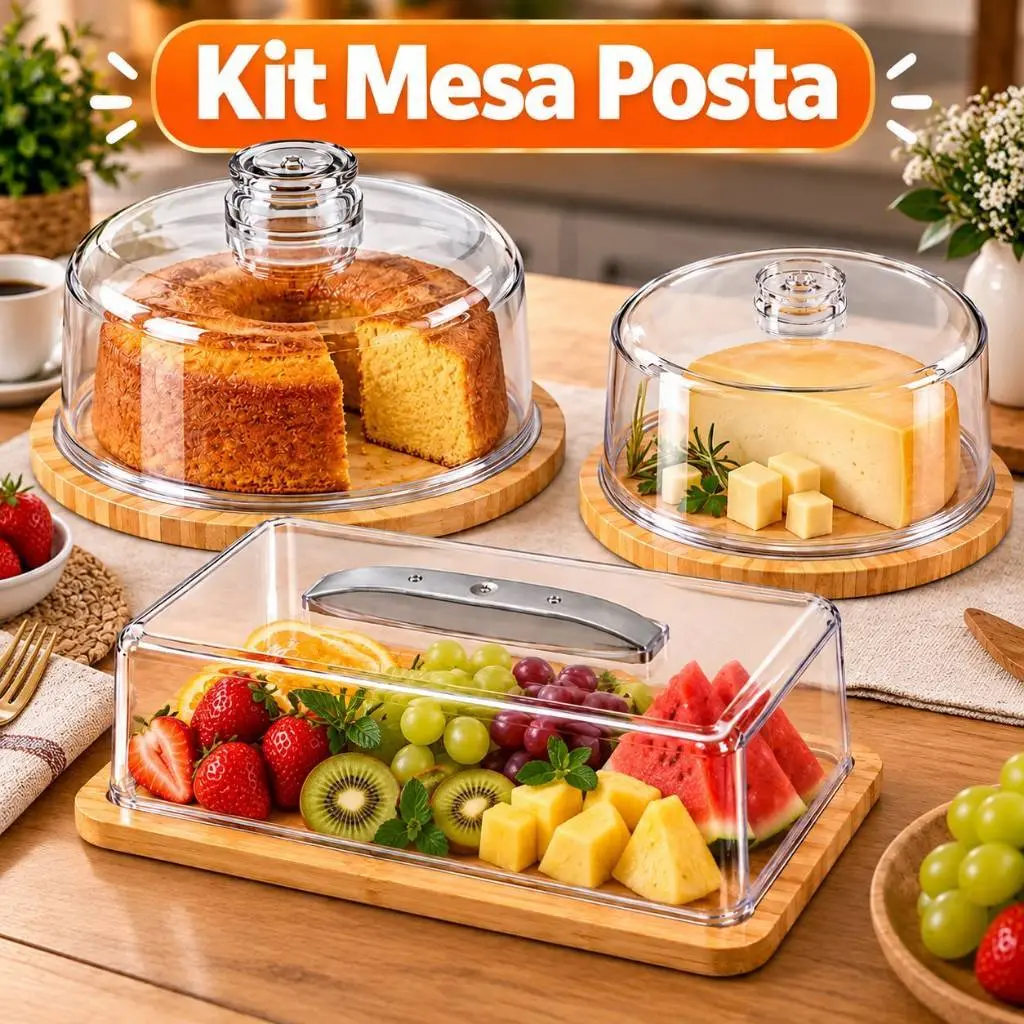Kit Mesa Posta Porta Bolo Porta Queijo Tábua de Servir com Cúpula Acrílica e Base de Madeira Pinus