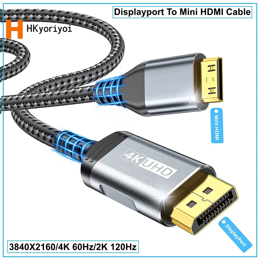 Cabo DisplayPort para Mini HDMI 3840*2160 Vídeo UHD 4K@60Hz 2K@120Hz para Desktop, Laptop, Monitor Portátil, Projetor, Mini PC