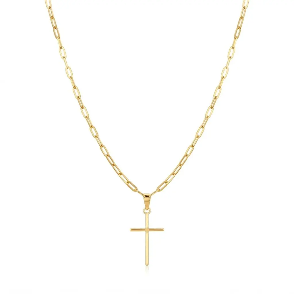 Corrente Masculina com Pingente Crucifixo Palito, Banhada a Ouro 18k, 70cm, Premium