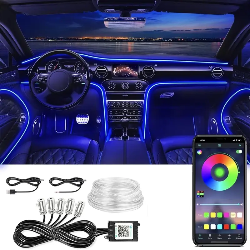 Led interior do carro luzes de tira ambiente rgb fibra óptica atmosfera kit iluminação néon com app controle remoto lâmpadas decorativas automáticas - 1